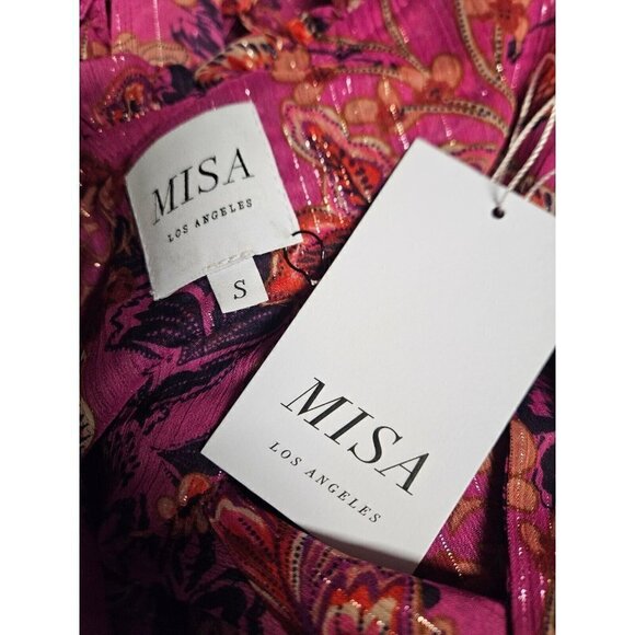 New Misa Leeva Mini Dress Womens S Fuchsia Batik Pink Sheer Chiffon Bell Sleeves - Picture 9 of 9